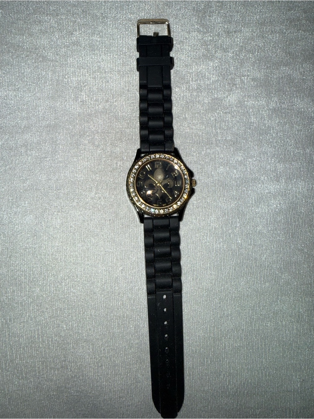 Women's Black Silicone Watch with Gold ⚜️ & Crystal Bezel